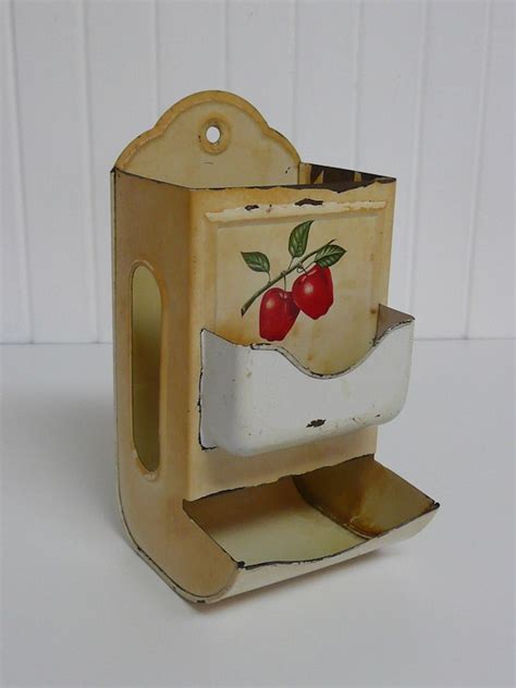 metal match box red and white with girl|Vintage Metal Kitchen Wall Match Holder Red White Country.